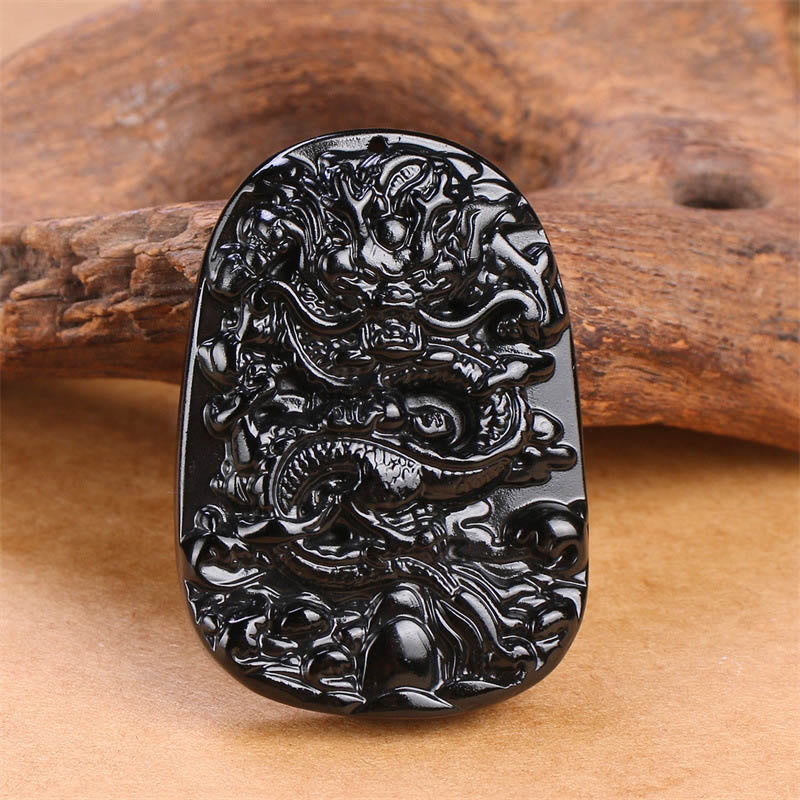 Nimara Ritual Black Obsidian Dragon Carved Luck Protection Necklace Pendant