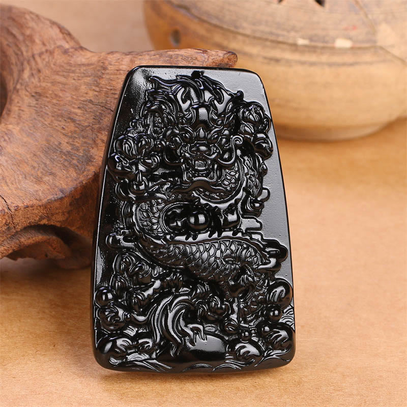 Nimara Ritual Black Obsidian Dragon Carved Luck Protection Necklace Pendant