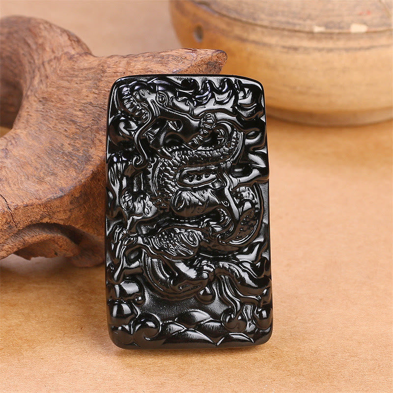 Nimara Ritual Natural Black Obsidian Rectangular Dragon Engraved Success Necklace Pendant