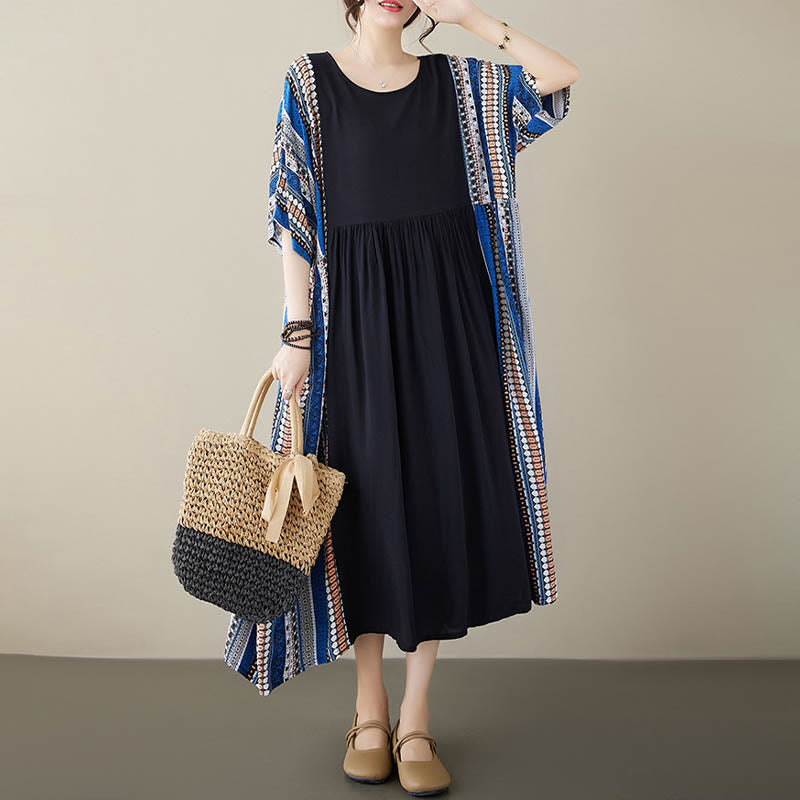 Nimara Ritual Black Blue Stripes Short Sleeve Midi Dress With Pockets