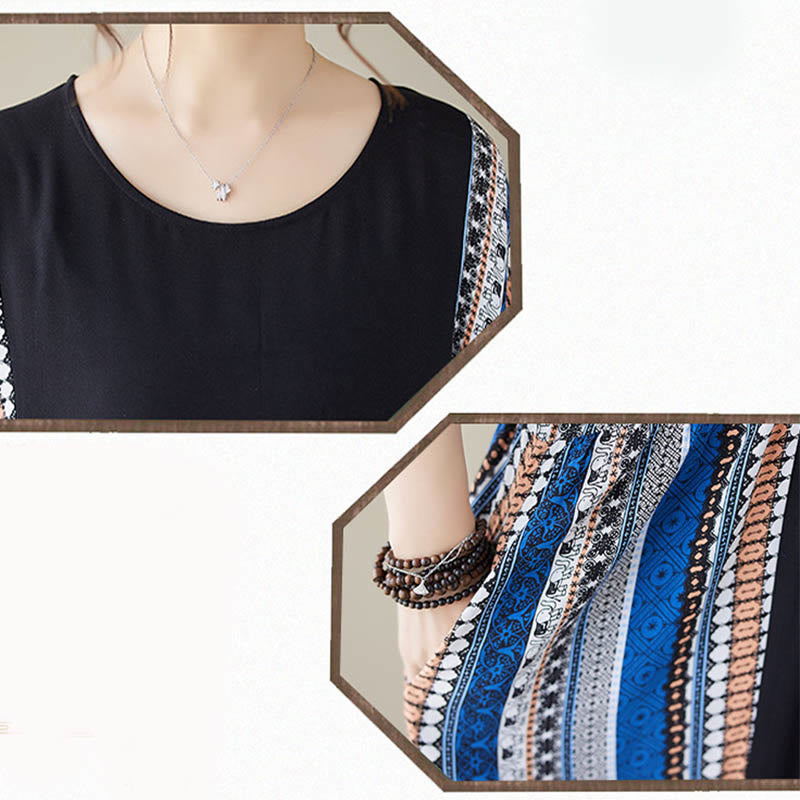 Nimara Ritual Black Blue Stripes Short Sleeve Midi Dress With Pockets