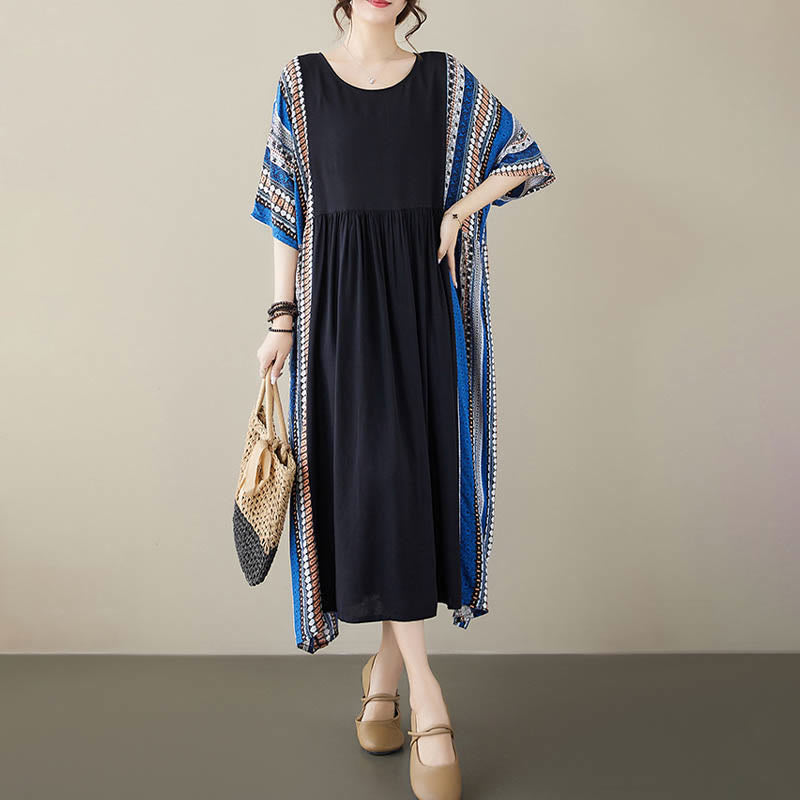 Nimara Ritual Black Blue Stripes Short Sleeve Midi Dress With Pockets