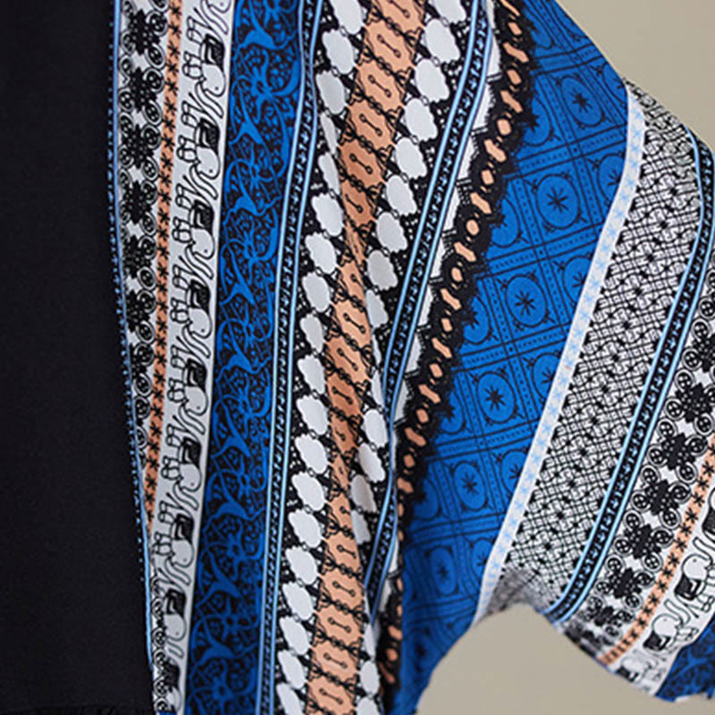 Nimara Ritual Black Blue Stripes Short Sleeve Midi Dress With Pockets