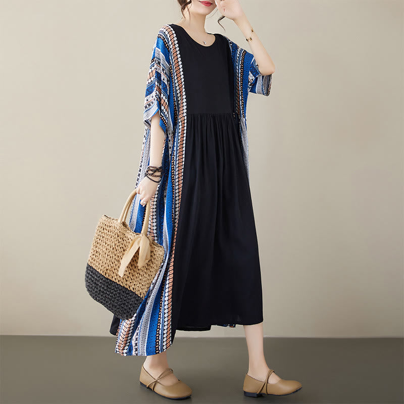 Nimara Ritual Black Blue Stripes Short Sleeve Midi Dress With Pockets