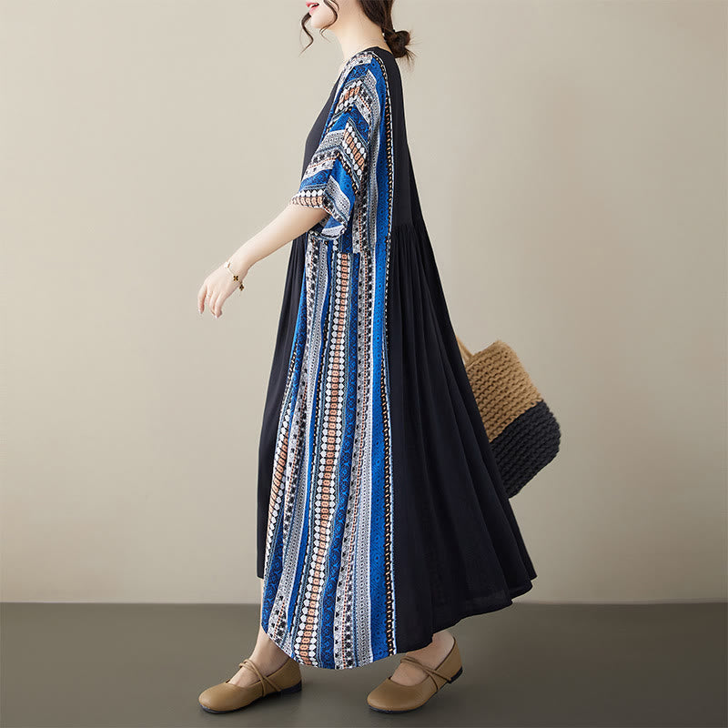 Nimara Ritual Black Blue Stripes Short Sleeve Midi Dress With Pockets