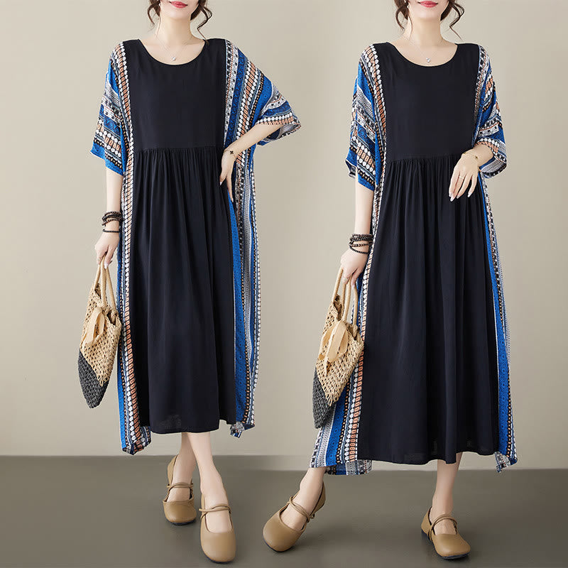 Nimara Ritual Black Blue Stripes Short Sleeve Midi Dress With Pockets