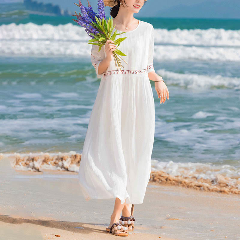 Nimara Ritual Solid Color Embroidery Short Sleeve Cotton Midi Dress With Pockets