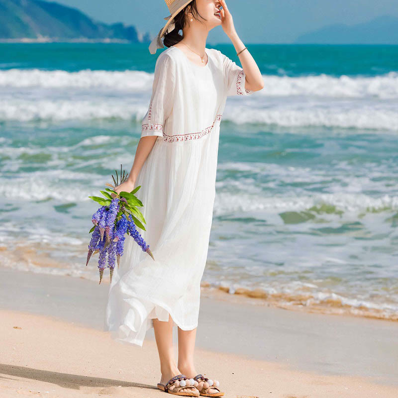 Nimara Ritual Solid Color Embroidery Short Sleeve Cotton Midi Dress With Pockets