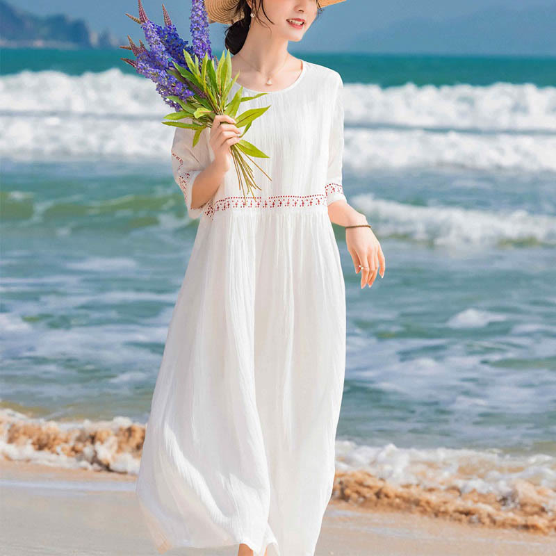 Nimara Ritual Solid Color Embroidery Short Sleeve Cotton Midi Dress With Pockets