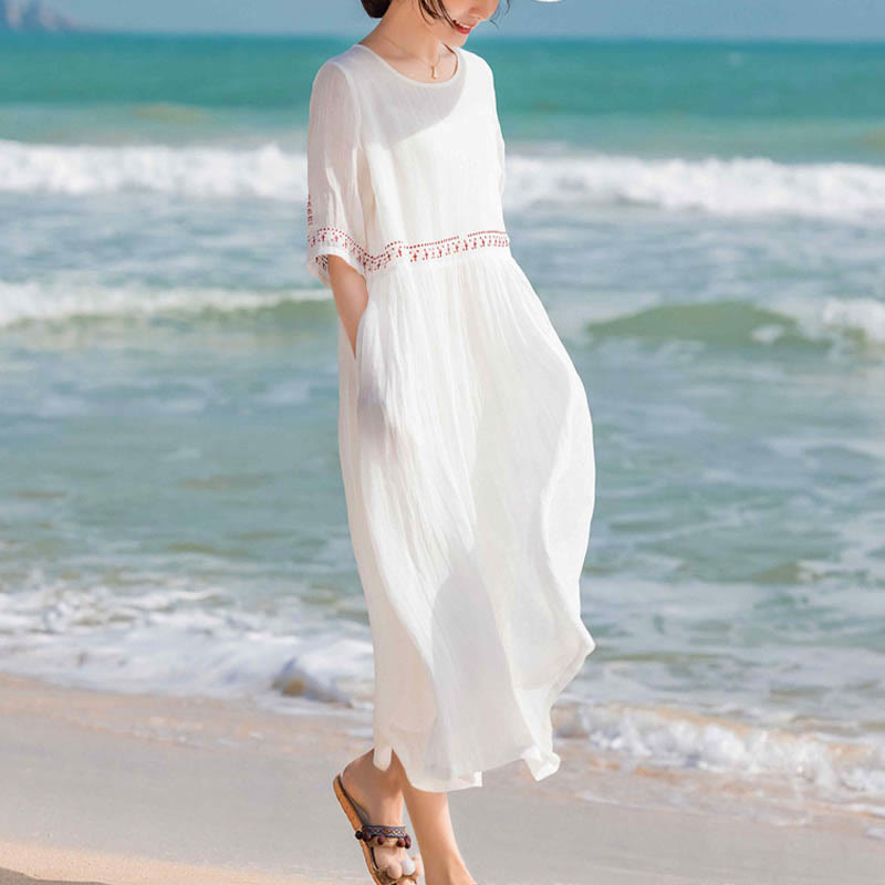 Nimara Ritual Solid Color Embroidery Short Sleeve Cotton Midi Dress With Pockets