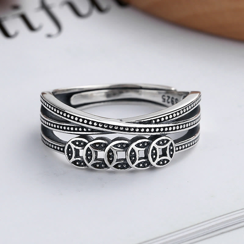 Nimara Ritual 925 Sterling Silver Copper Coins Wealth Blessing Adjustable Ring