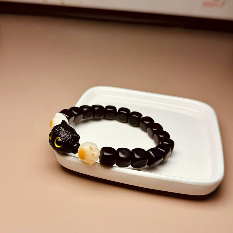 Nimara Ritual Ebony Wood Cute Cat Bodhi Seed Paw Claw Peace Bracelet