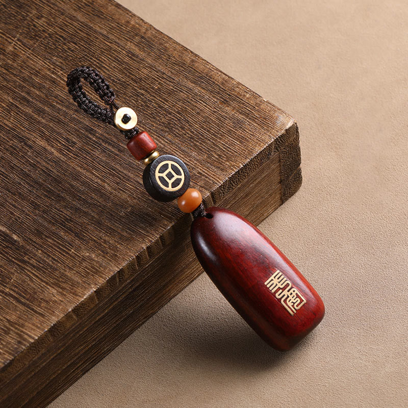 Nimara Ritual Small Leaf Red Sandalwood Ebony Wood Peace Auspicious Copper Coin Protection Key Chain