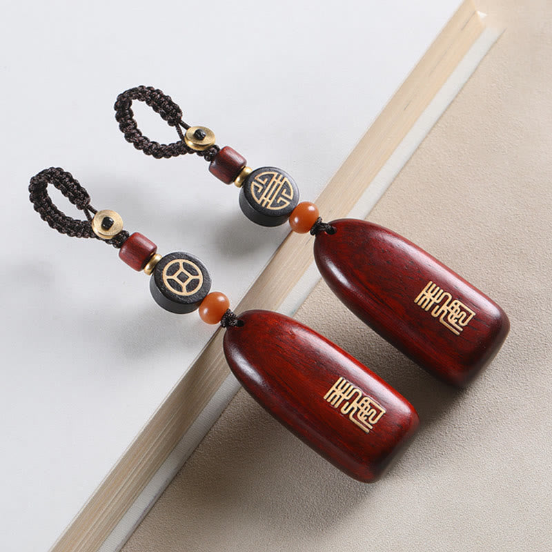 Nimara Ritual Small Leaf Red Sandalwood Ebony Wood Peace Auspicious Copper Coin Protection Key Chain