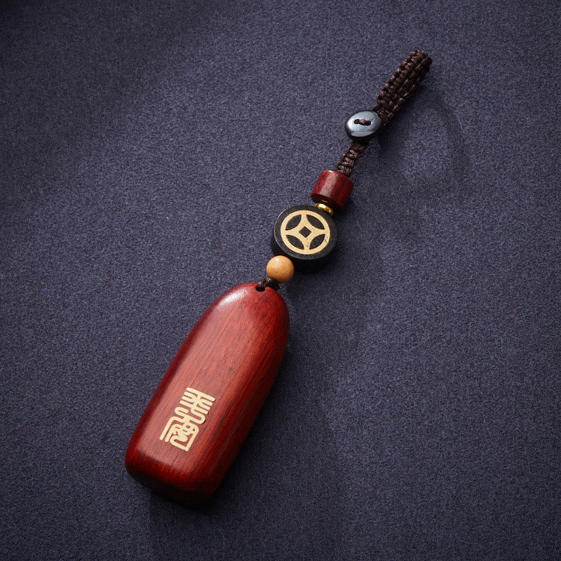 Nimara Ritual Small Leaf Red Sandalwood Ebony Wood Peace Auspicious Copper Coin Protection Key Chain