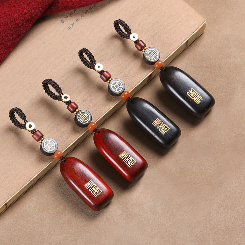 Nimara Ritual Small Leaf Red Sandalwood Ebony Wood Peace Auspicious Copper Coin Protection Key Chain