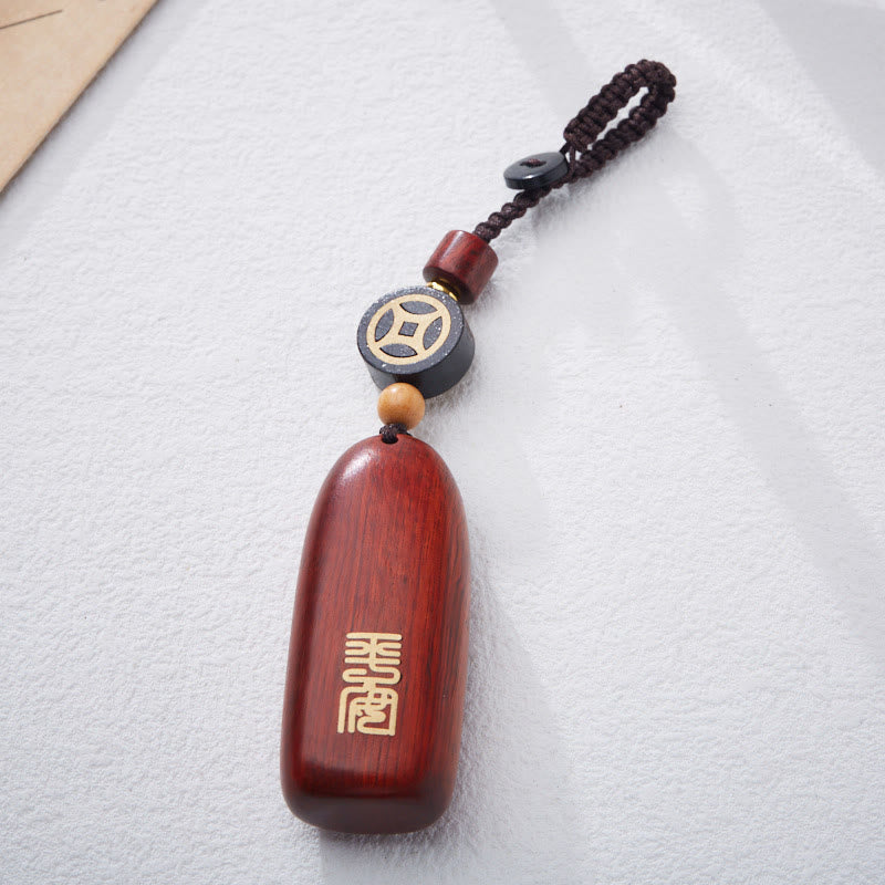 Nimara Ritual Small Leaf Red Sandalwood Ebony Wood Peace Auspicious Copper Coin Protection Key Chain