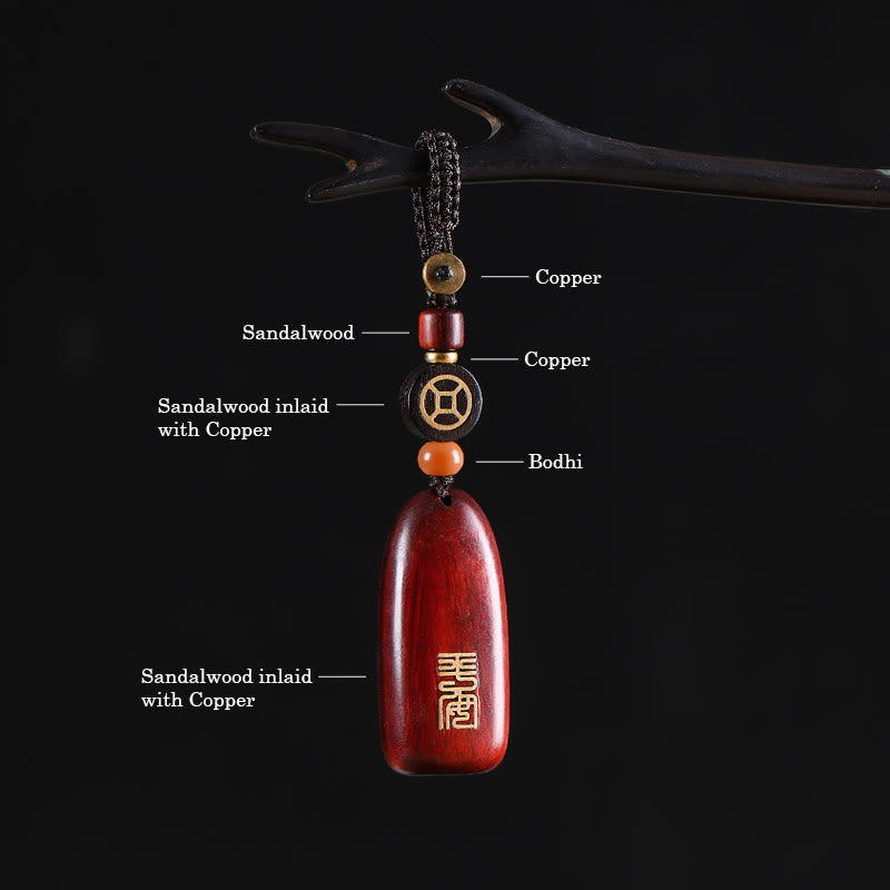 Nimara Ritual Small Leaf Red Sandalwood Ebony Wood Peace Auspicious Copper Coin Protection Key Chain