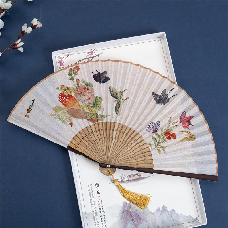 Nimara Ritual Butterfly Orchid Cat Handheld Cotton Linen Bamboo Folding Fan 22cm