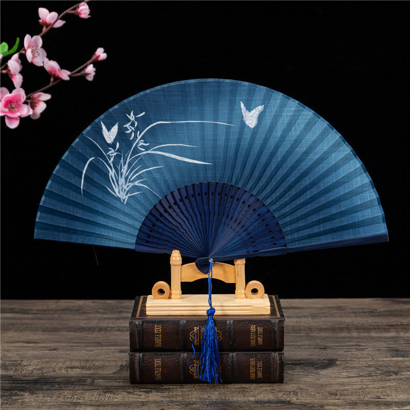 Nimara Ritual Butterfly Orchid Cat Handheld Cotton Linen Bamboo Folding Fan 22cm