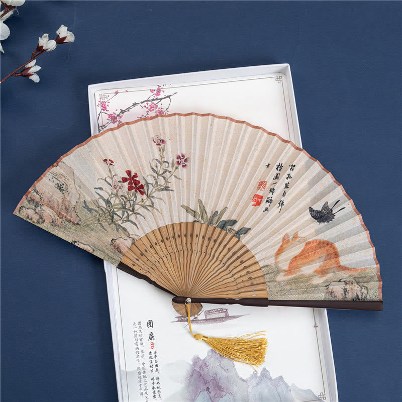 Nimara Ritual Butterfly Orchid Cat Handheld Cotton Linen Bamboo Folding Fan 22cm
