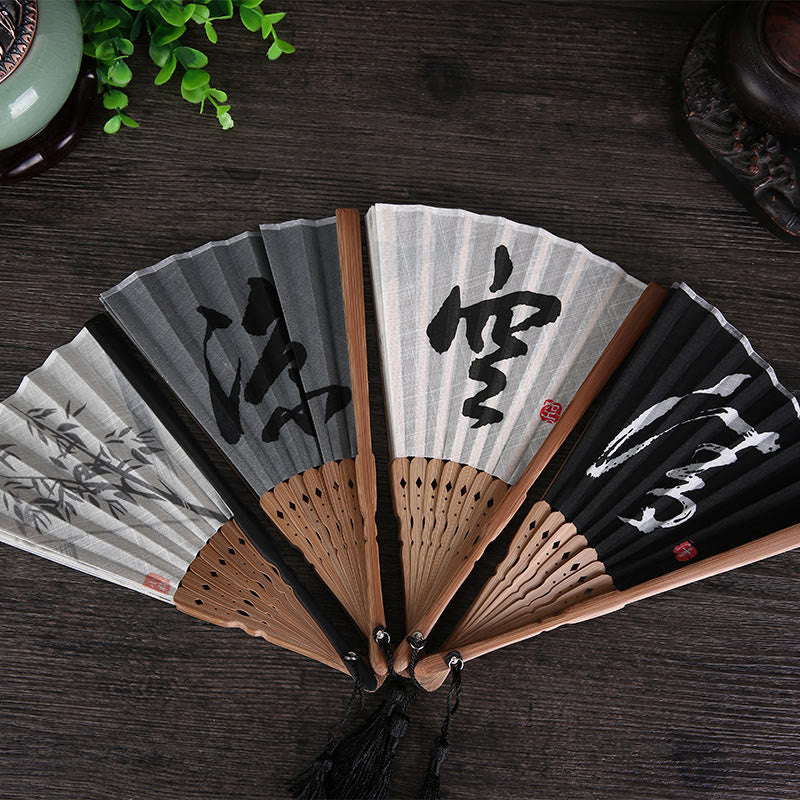 Nimara Ritual Chinese Characters Golden Dragonfly Handheld Cotton Linen Bamboo Folding Fan 22cm