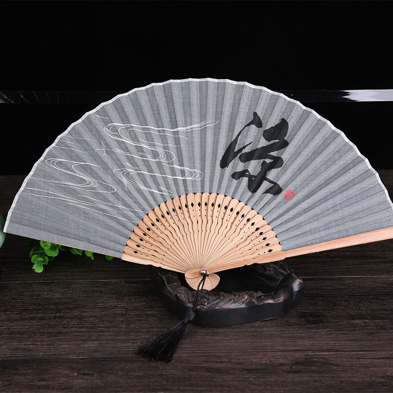 Nimara Ritual Chinese Characters Golden Dragonfly Handheld Cotton Linen Bamboo Folding Fan 22cm