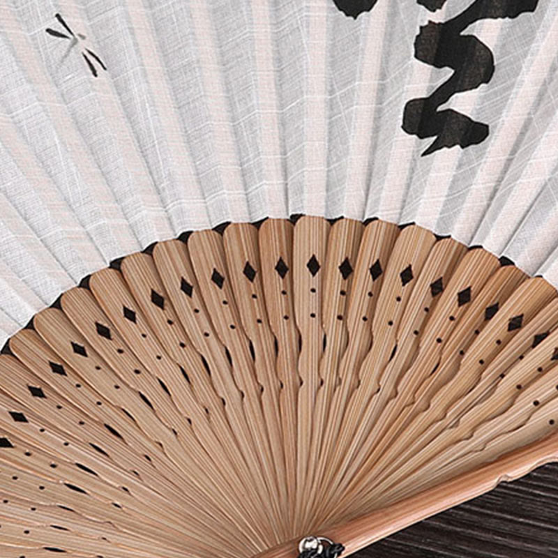 Nimara Ritual Chinese Characters Golden Dragonfly Handheld Cotton Linen Bamboo Folding Fan 22cm
