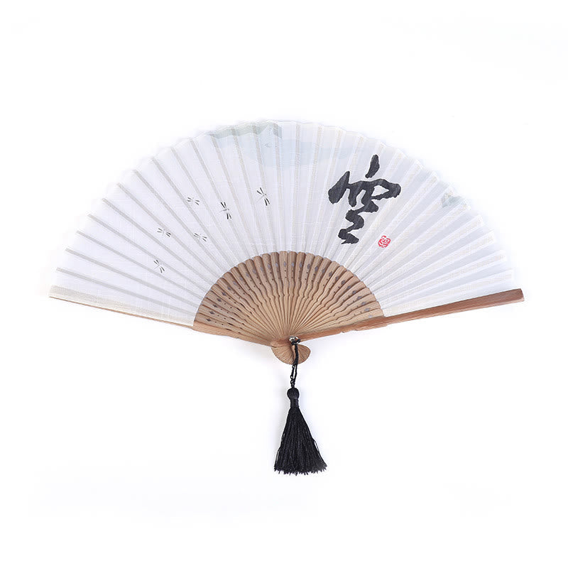 Nimara Ritual Chinese Characters Golden Dragonfly Handheld Cotton Linen Bamboo Folding Fan 22cm