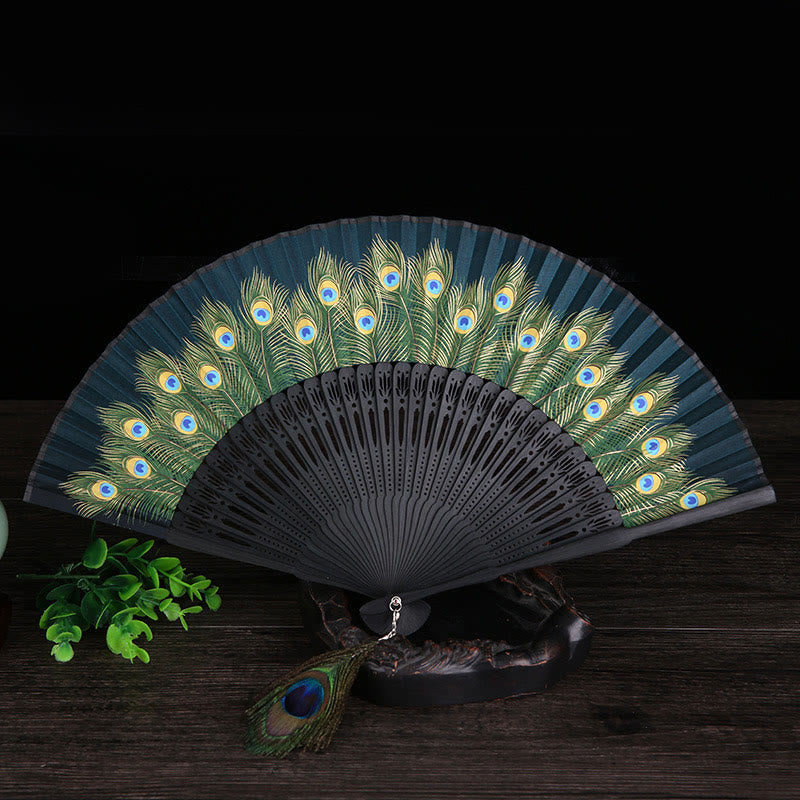 Nimara Ritual Peacock Feather Handheld Bamboo Folding Fan 21.5cm