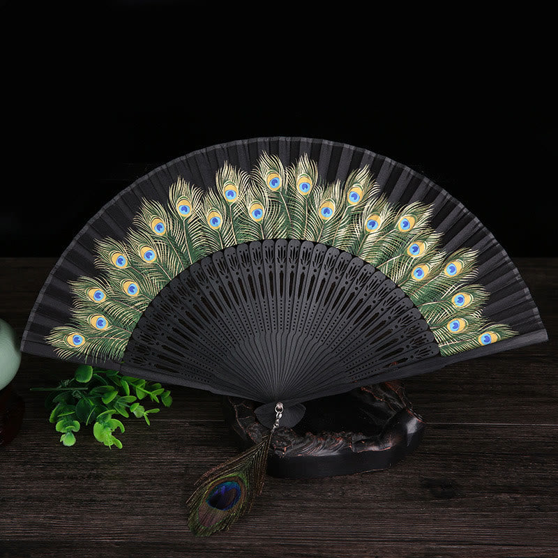 Nimara Ritual Peacock Feather Handheld Bamboo Folding Fan 21.5cm