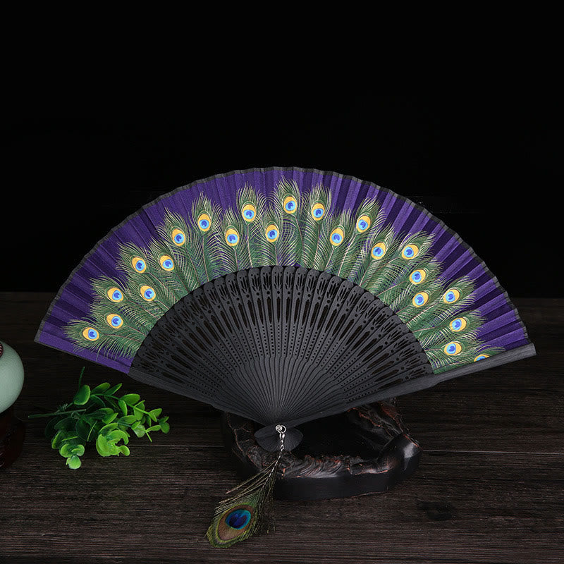 Nimara Ritual Peacock Feather Handheld Bamboo Folding Fan 21.5cm