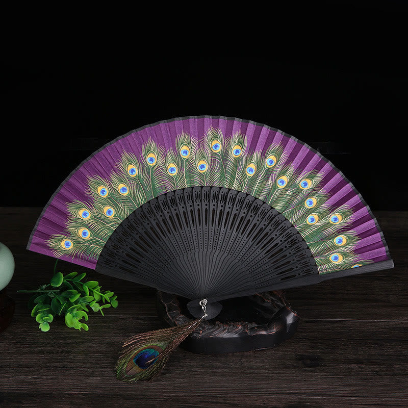 Nimara Ritual Peacock Feather Handheld Bamboo Folding Fan 21.5cm