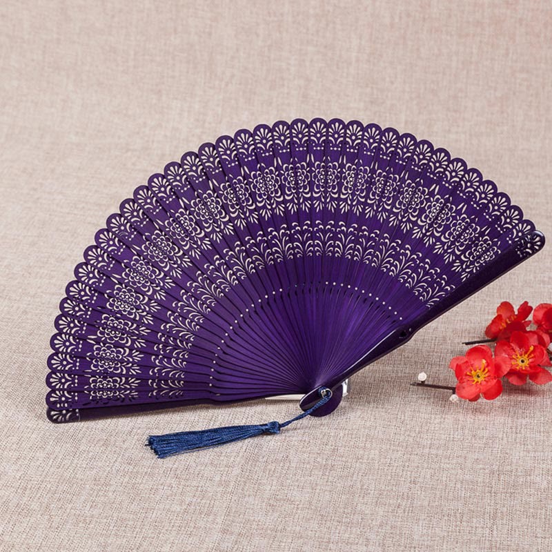 Nimara Ritual Flower Engraved Hollow Handheld Bamboo Folding Fan 18cm