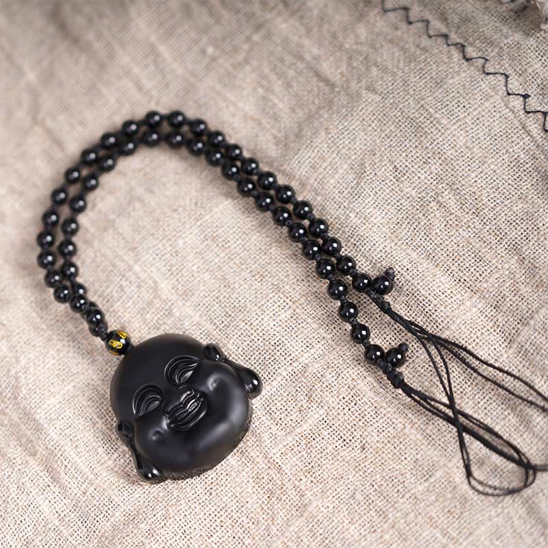 Nimara Ritual Natural Black Obsidian Laughing Buddha Purification Necklace Pendant