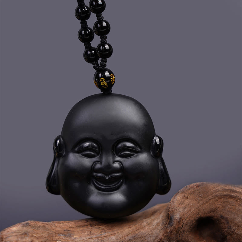Nimara Ritual Natural Black Obsidian Laughing Buddha Purification Necklace Pendant