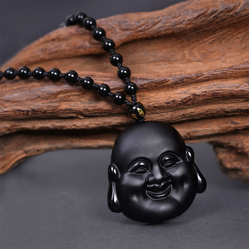 Nimara Ritual Natural Black Obsidian Laughing Buddha Purification Necklace Pendant