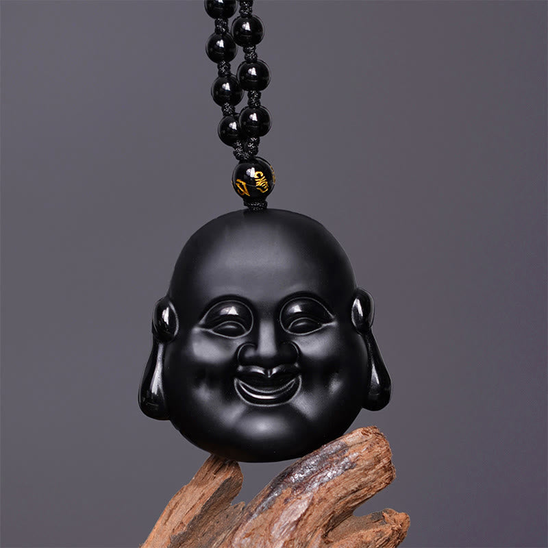 Nimara Ritual Natural Black Obsidian Laughing Buddha Purification Necklace Pendant