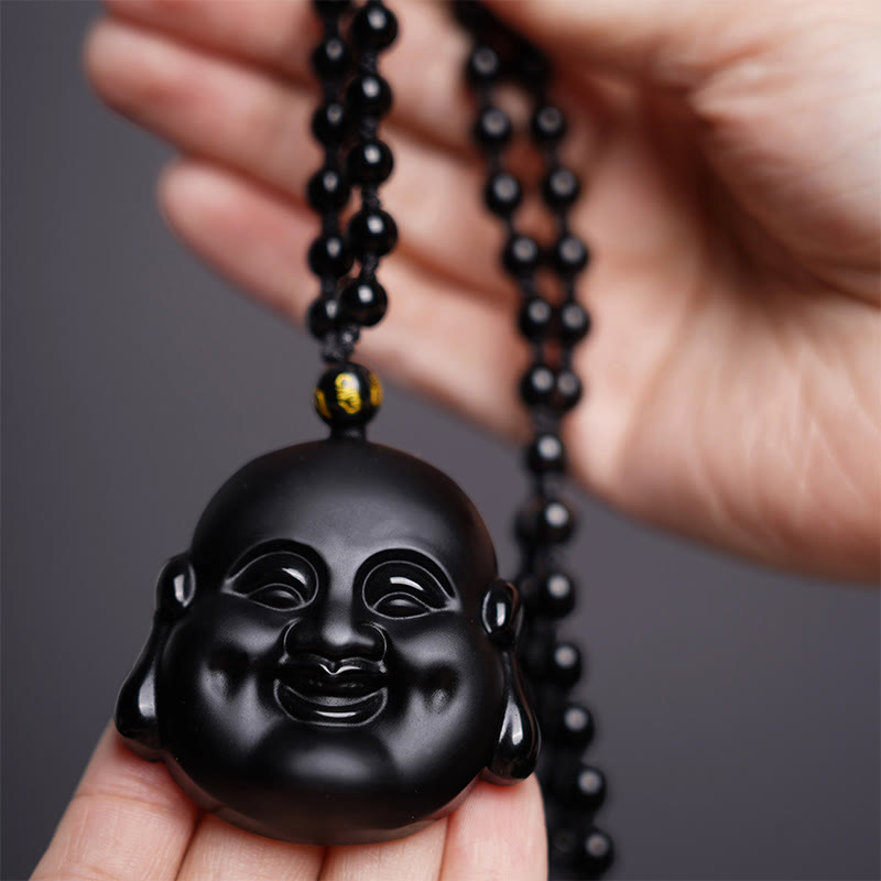 Nimara Ritual Natural Black Obsidian Laughing Buddha Purification Necklace Pendant