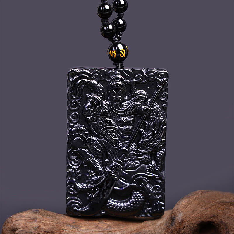 Nimara Ritual Black Obsidian Guan Gong Amulet Engraved Strength Necklace Pendant