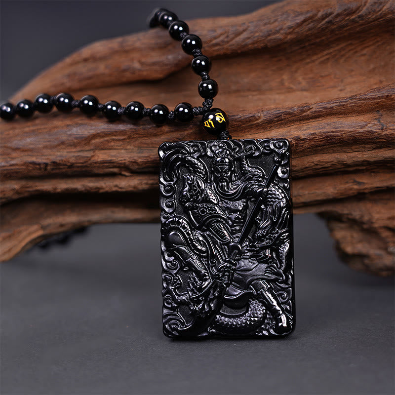 Nimara Ritual Black Obsidian Guan Gong Amulet Engraved Strength Necklace Pendant