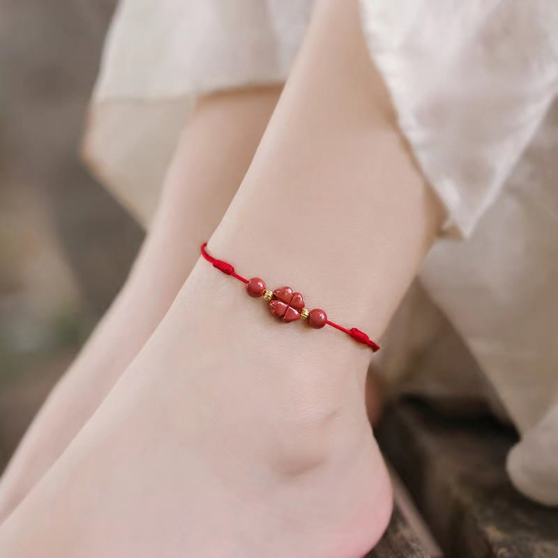Nimara Ritual Cinnabar Four Leaf Clover Blessing String Rope Anklet