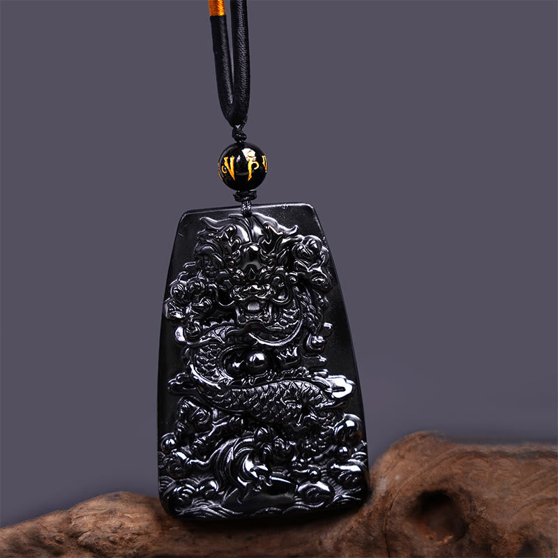 Nimara Ritual Black Obsidian Dragon Carved Luck Protection Necklace Pendant