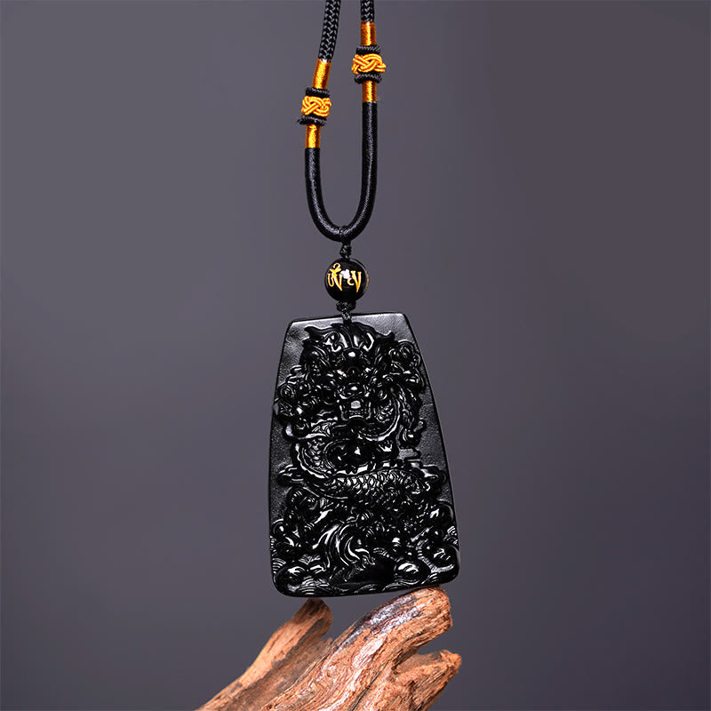 Nimara Ritual Black Obsidian Dragon Carved Luck Protection Necklace Pendant