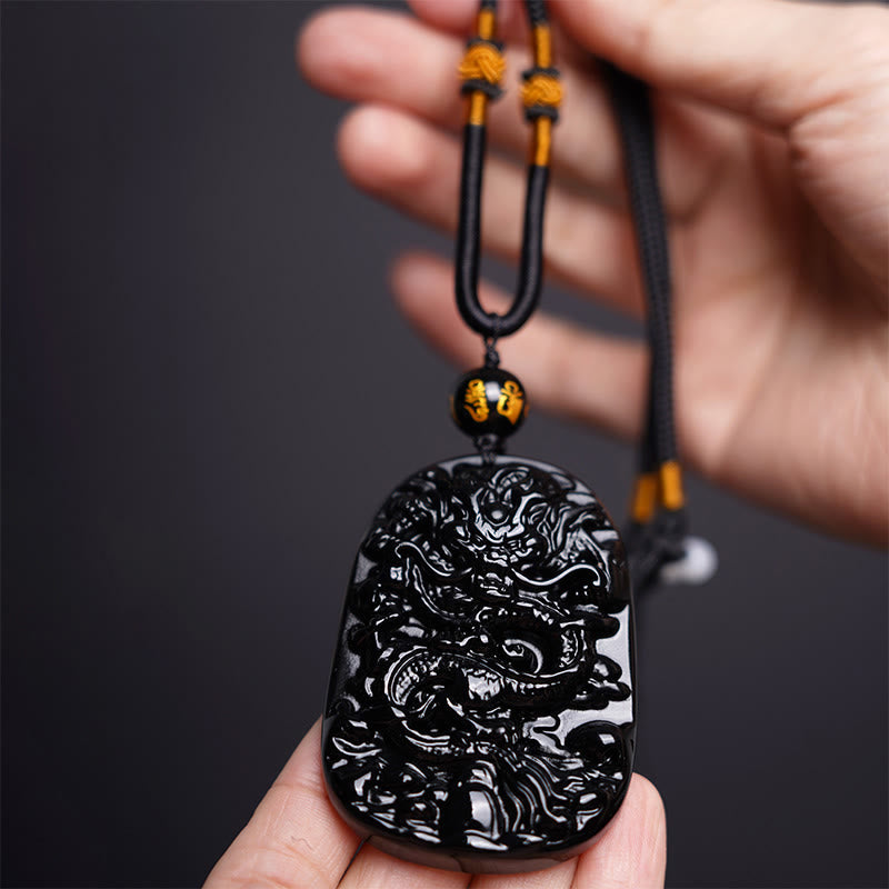 Nimara Ritual Black Obsidian Dragon Carved Luck Protection Necklace Pendant