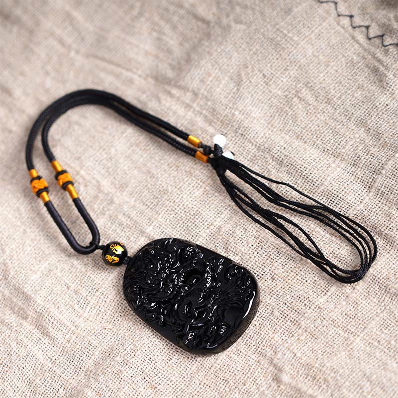Nimara Ritual Black Obsidian Dragon Carved Luck Protection Necklace Pendant
