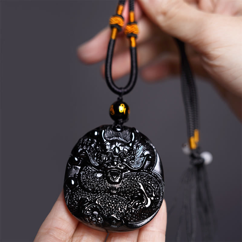 Nimara Ritual Natural Black Obsidian Round Dragon Carved Protection Necklace Pendant