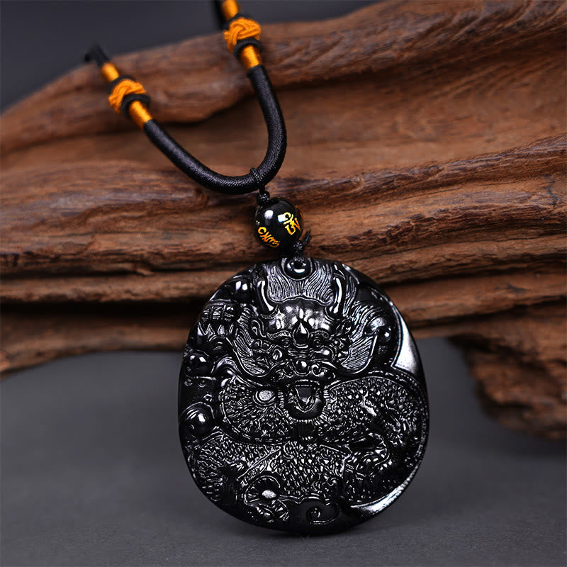 Nimara Ritual Natural Black Obsidian Round Dragon Carved Protection Necklace Pendant