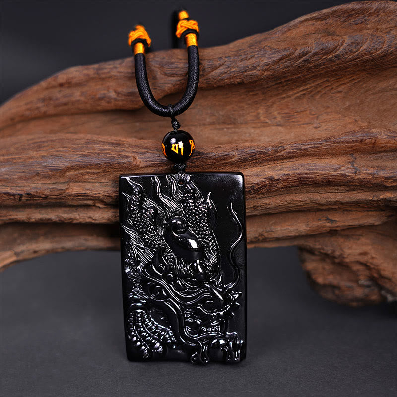 Nimara Ritual Natural Black Obsidian Rectangular Dragon Engraved Success Necklace Pendant