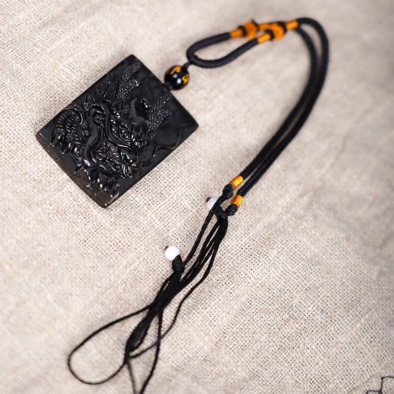 Nimara Ritual Natural Black Obsidian Rectangular Dragon Engraved Success Necklace Pendant